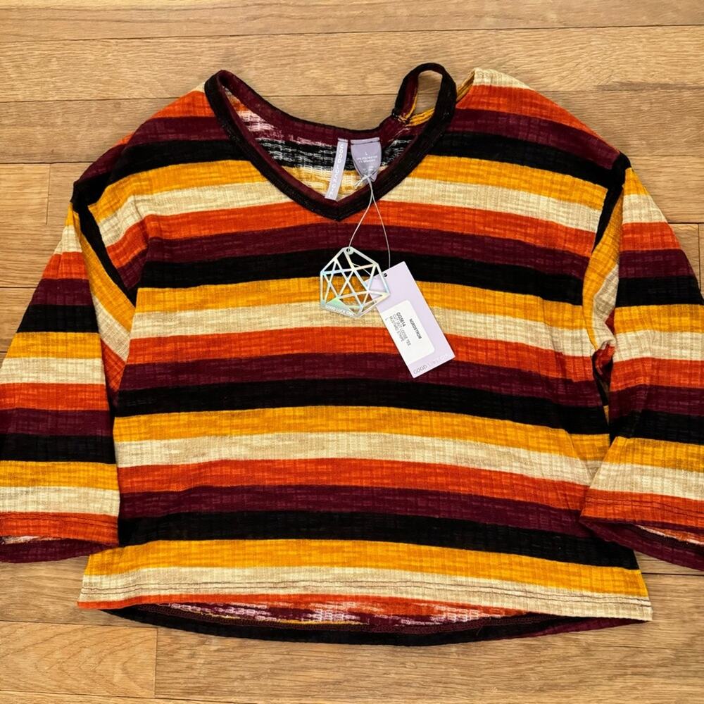 NWT Good Luck Girl mustard stripe cut out crop shirt top size large L 
b5